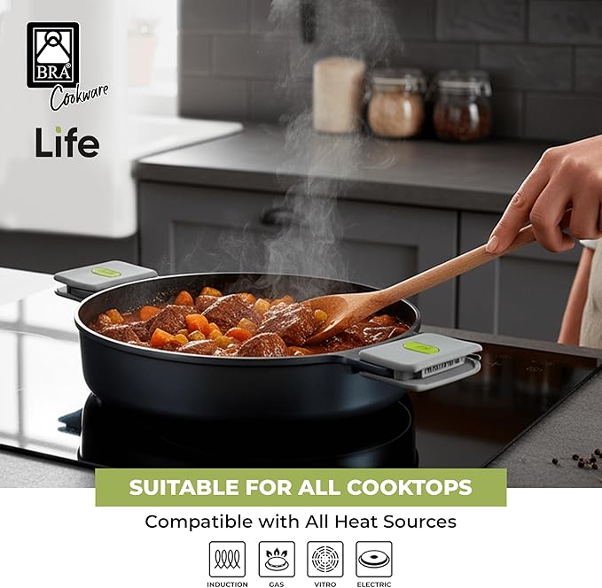 BRA COOKWARE Life Ceramic Nonstick Sauté Pan w/Glass Lid | 11 Inch 2.9 Quart Recycled Aluminum Deep Pan | Dual-Handle Braiser | Ceramic Non-Stick Coating | PFOA Free | All Cooktops & Oven Safe