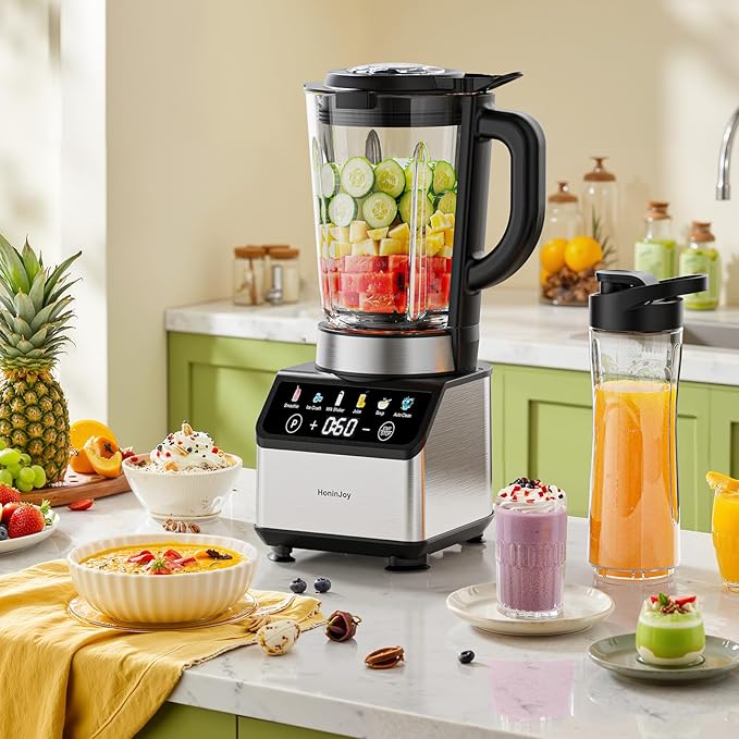 HoninJoy Blenders for Kitchen, Countertop Smoothie Blender with 51oz Glass Pitcher, Grinder & To-Go Cup Combo, 10 Speeds Digital Touchscreen Blender for Smoothies, Shake, Crush Ice, Dishwasher Safe