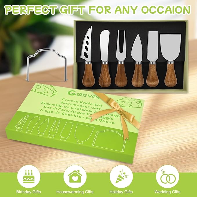 7-Piece Cheese Knife Set, Premium Stainless Steel Cheese Knives with Acacia Wood Handle and Cheese Slicer, Cheese Spreading Knife for Charcuterie Boards and Cutlery Gift Set