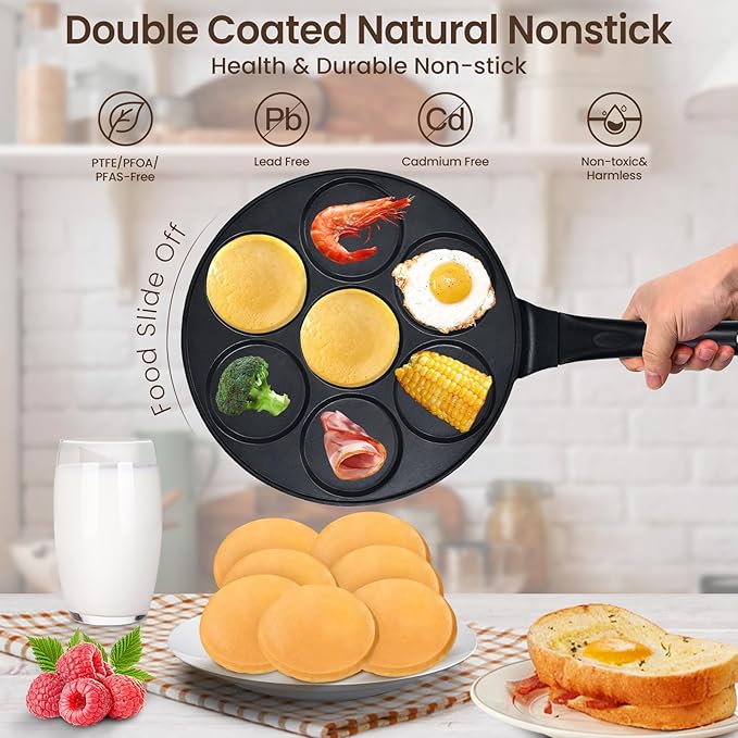 Pancake Pan Suitable for All Stovetops & Induction Cooker, 10.5 Inch Pancake Maker Egg Frying Pan, 7 Molds Pancake Maker with PFOA Free Coating