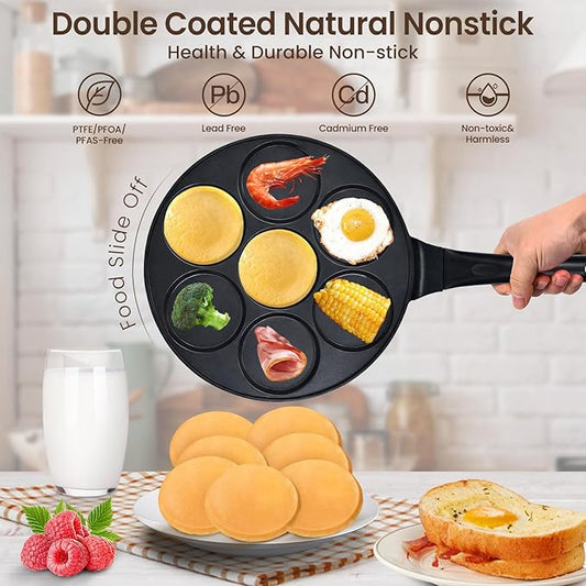 Pancake Pan Suitable for All Stovetops & Induction Cooker, 10.5 Inch Pancake Maker Egg Frying Pan, 7 Molds Pancake Maker with PFOA Free Coating