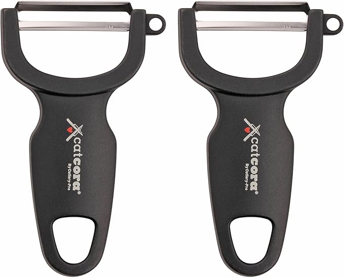 CatCora Swiss-Style Peeler, Professional German Tempered Stainless Steel Blade For Peeling Fruits and Vegetables and Garnishing, Ergonomic Contoured Handle, Black, Set of 2