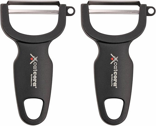 CatCora Swiss-Style Peeler, Professional German Tempered Stainless Steel Blade For Peeling Fruits and Vegetables and Garnishing, Ergonomic Contoured Handle, Black, Set of 2