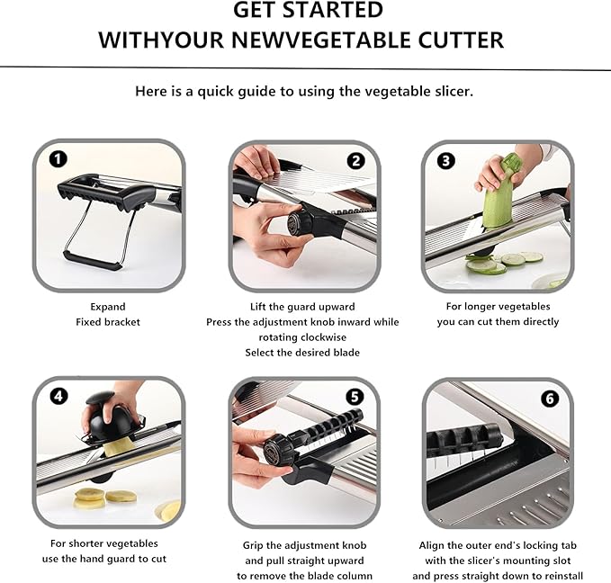 Adjustable Mandoline Food Slicer, Mandoline Slicer for Kitchen, Mandolin, Potato, Tomato, Carrot, Onion Cutter and Fruit - Stainless Steel - 6-Piece Fruit & Vegetable Cutting Set (Silver)