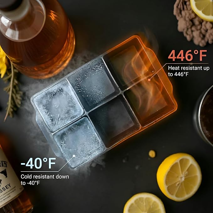 KitchFort Large Silicone Ice Cube Tray (3-Pack), Easy Release 2" Big Ice Cubes - Cocktail, Whiskey Ice Cubes Mold - Ice Trays for Freezer with Lid - Stackable Silicone Ice Tray - Black