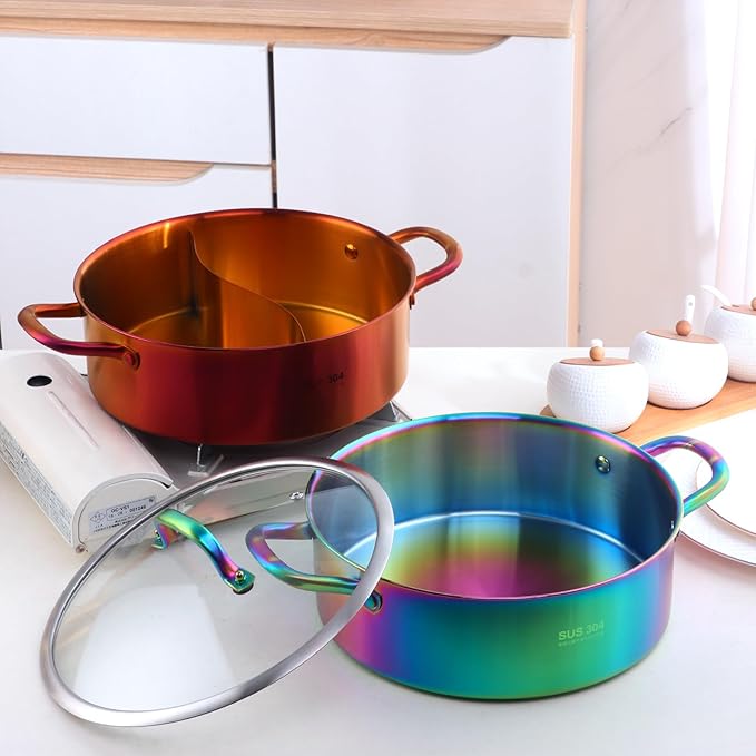 11.8 Inch Stainless Steel Shabu Hot Pot with Divider, Glass Lid Dual Sided Stockpots, Slotted Spoon and Soup Ladle for Induction Cooktop Gas Stove (Orange Red)