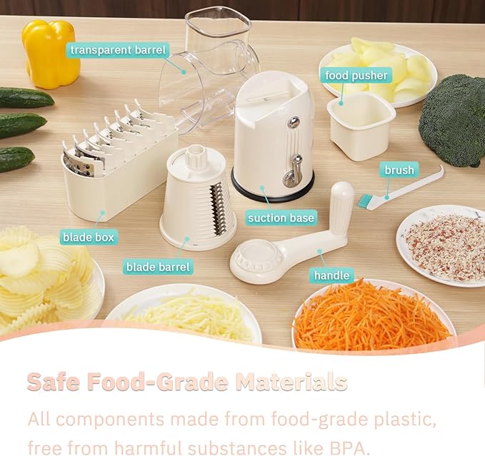 Manual Rotary Cheese Grater with Handle, 5 in 1 Replaceable Stainless Blades Cheese Shredder,Strong Suction Base Vegetable Slicer with Cleaning Brush & Bonus Storage Box for Blades (white)