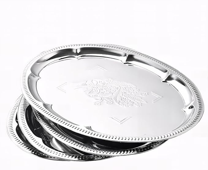 4-Pack 15.7" x 11.8" Large Silver Serving Trays for Party Set - Oval Floral Engraved Serving Platters, Wedding Birthday Mirror Tray for Valentine's Day, Food, Appetizer, Charcuterie, Cookies, Desserts