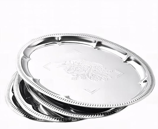 4-Pack 15.7" x 11.8" Large Silver Serving Trays for Party Set - Oval Floral Engraved Serving Platters, Wedding Birthday Mirror Tray for Valentine's Day, Food, Appetizer, Charcuterie, Cookies, Desserts