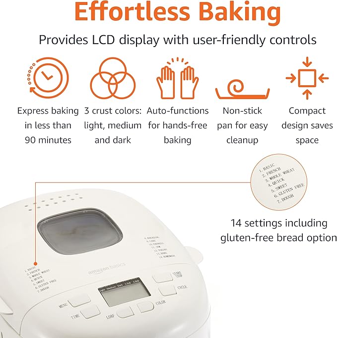 Amazon Basics Programmable Bread Maker, 2 Pound Non-Stick Automatic Bread Making Machine, 14 Settings for Breads, Doughs, Gluten-Free Options, ExpressBake, 3 Crust Colors, LCD Display, White