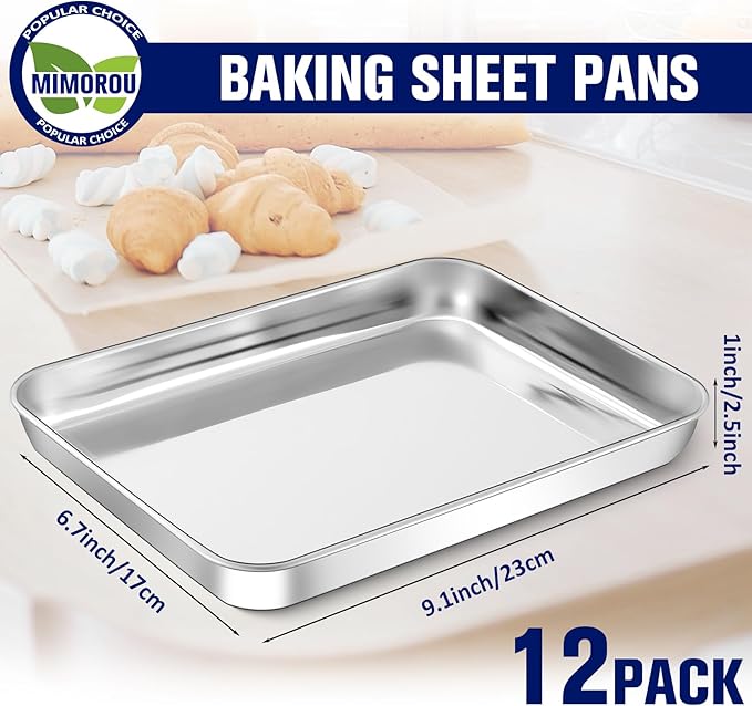 Mimorou 12 Pcs Baking Sheet Stainless Steel Cookie Small Metal Sheet Pans Professional Rectangle Oven Trays Kitchen Baking Cooking Oven and Toaster, Dishwasher Safe