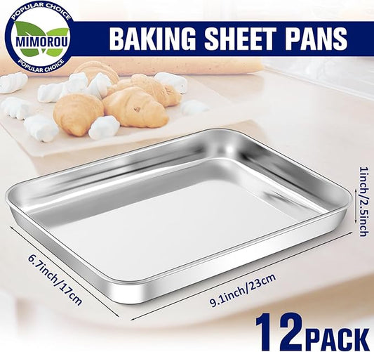 Mimorou 12 Pcs Baking Sheet Stainless Steel Cookie Small Metal Sheet Pans Professional Rectangle Oven Trays Kitchen Baking Cooking Oven and Toaster, Dishwasher Safe