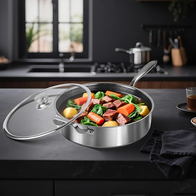 Toutrop Frying Pans Nonstick wih Lid, Non Stick Tri-Ply Stainless Steel Saute Pan, 7 Quarts Large Sauté Pan, 12 Inch Induction Cooking Pan, Dishwasher and Oven Safe, PFOA Free