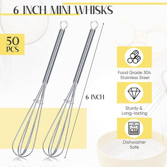 Baderke 50 Pcs Mini Whisk Bulk Small Whisks for Cooking 304 Stainless Steel Tiny Whisk for Baking, Whipping, Beating Eggs, Mixing Sauces, Blending Ingredients (6 Inch)