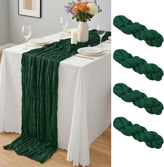 4 Pack Pack Dark Green Cheesecloth Table Runner 10Ft, Christmas Table Runner 21.5 X 120 inch, Semi Sheer Cheese Cloth Fabric Boho Table Runner Bulk for Christmas Decorations,Bridal Shower,Wedding
