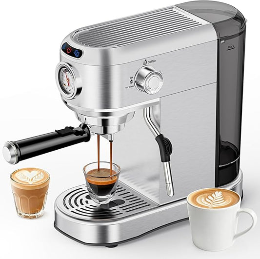ANYCOLD Espresso Machine, 20 Bar Compact Espresso Maker with Steam Milk Frother, Stainless Steel Expresso Machines for Home, 34oz Removable Water Tank for Latte, Cappuccino, Silver