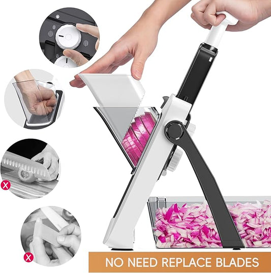 [All in 1] Vegetable Slicer with Adjustable Thickness, Easy to Clean Potato Mandoline Slicer with Container, Rapid Prep French Fry Veggie Cutter/Onion Slicer, Free Grater/Cleaning Brush (Gray)