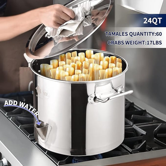 ARC 24QT Stainless Steel Tamale Steamer Pot with Easy-fill Water Spout, Seafood Crab Steamer with Divider and Rack, 6 Gallon