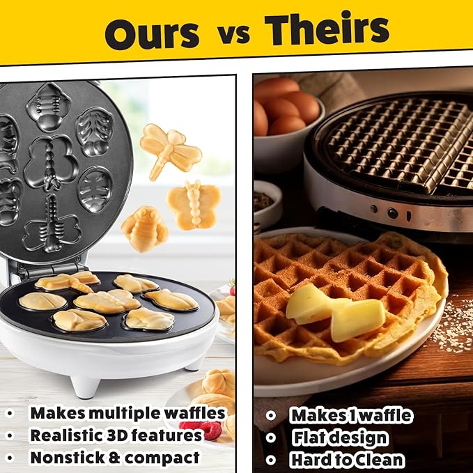 The Original Creepy Crawly Bug Waffle Maker- 7 Fun Different Insect Shaped Pancakes- Butterfly Lady Bug Bee & More- Electric Nonstick Waffler Iron, Morning Breakfast Treat, Kids Easter Basket Stuffer
