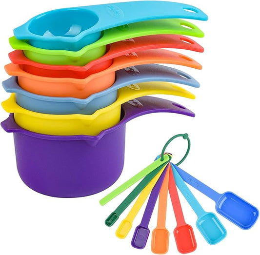 Plastic Measuring Cups and Spoons Set，Dry Measuring cups Set with Spout and Leveler for Kitchen and Baking, BPA free and Dishwasher Safe, Nesting Measuring Cups Colorful Set of 15