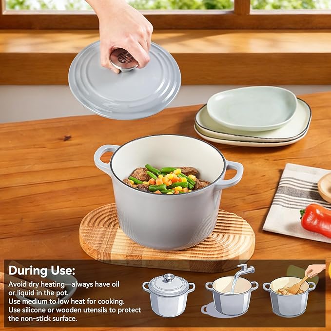 WANGYUANJI 2.8 Quart Enameled Cast Iron Dutch Oven with Lid, 7.5-Inch Heavy-Duty Casserole & Braiser, Oven Safe to 500°F, Stainless Steel Knob, Gradient Gray, All Cooktops Compatible