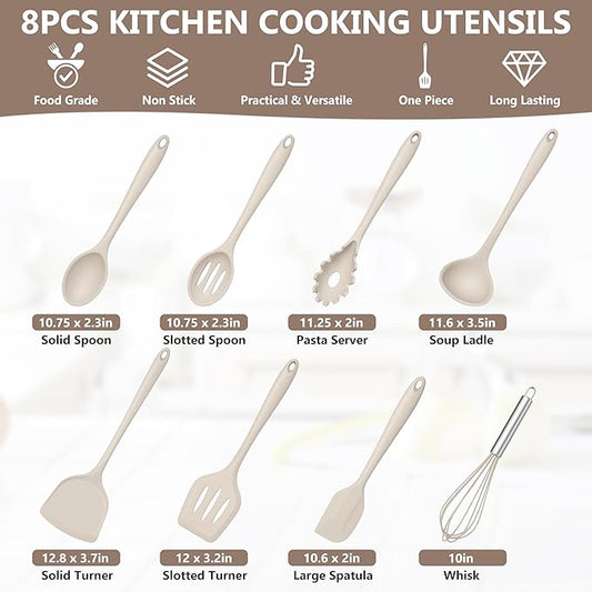 TeamFar 8 PCS Silicone Cooking Utensils - 446°F Heat Resistant Kitchen Silicon Utensils Set, Turner, Spatula, Spoon, Whisk, Kitchen Cooking Gadgets Tools for Nonstick Cookware, Dishwasher Safe-Khaki