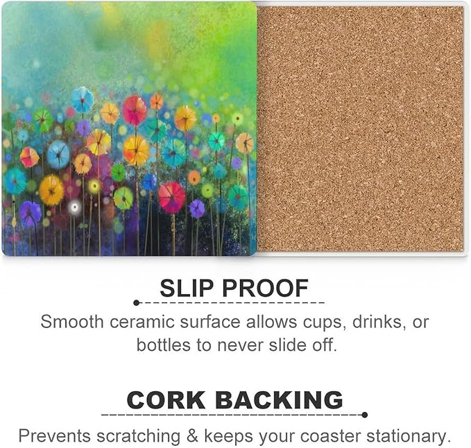Square-6PCS Floral Ceramic Coasters, Square Absorbent Drink Coasters, Watercolour Abstract Wildflower Nature Plant Colorful Floral Ceramic Table Coasters for Coffee, Beverage, Wine, Beer Coasters