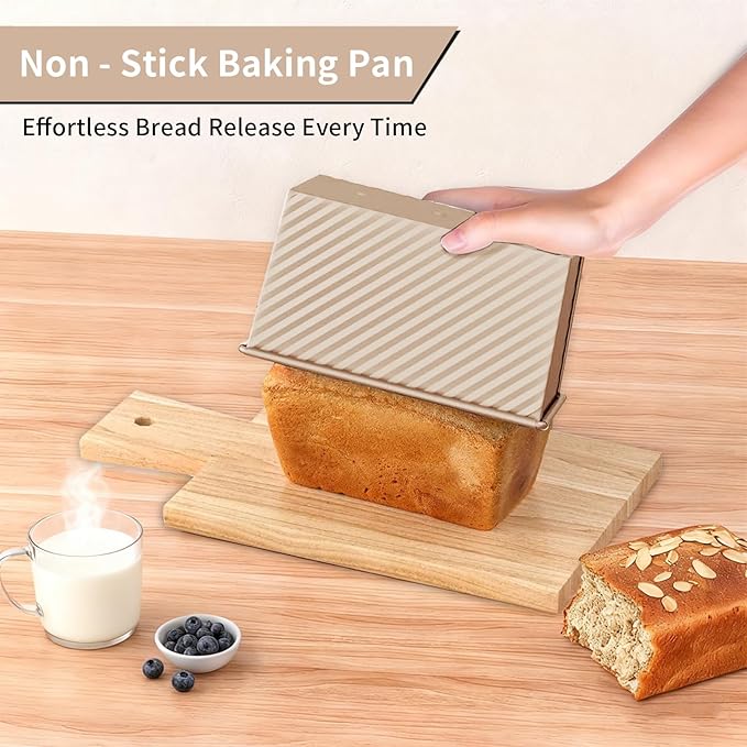 Hikaproligt Pullman Loaf Pan with Lid 2 Pack, 8x4 Inch 1LB Nonstick Carbon Steel Bread Pans, Gold Corrugated Sandwich Bread Baking Pan for Toast, Sourdough, Homemade Bread