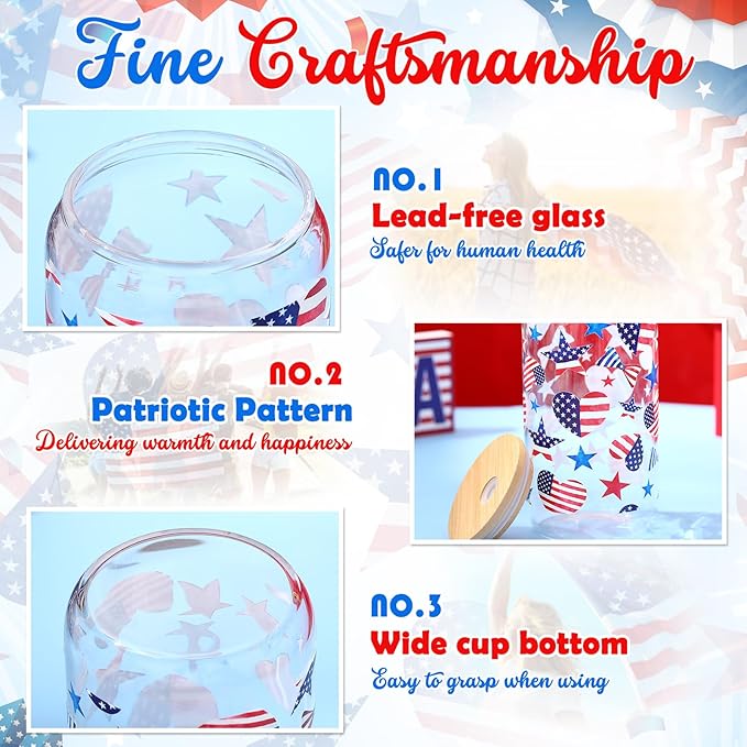 Sliner 2 Pcs Veterans Day Glass Cups 4th of July Tumbler Gifts Patriotic American Flag Star Iced Coffee Cup with Lid Straw Cleaning Brush 16 oz Red White Blue Drinking Glasses for Women