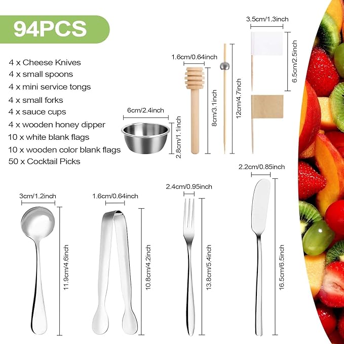 94 Pcs Charcuterie Board Accessories, Stainless Steel Cheese Spreaders Forks Spoons Mini Serving Tongs Honey Dippers Sauce Cups Toothpick Flags Charcuterie Utensils for Pastry Making, Silver