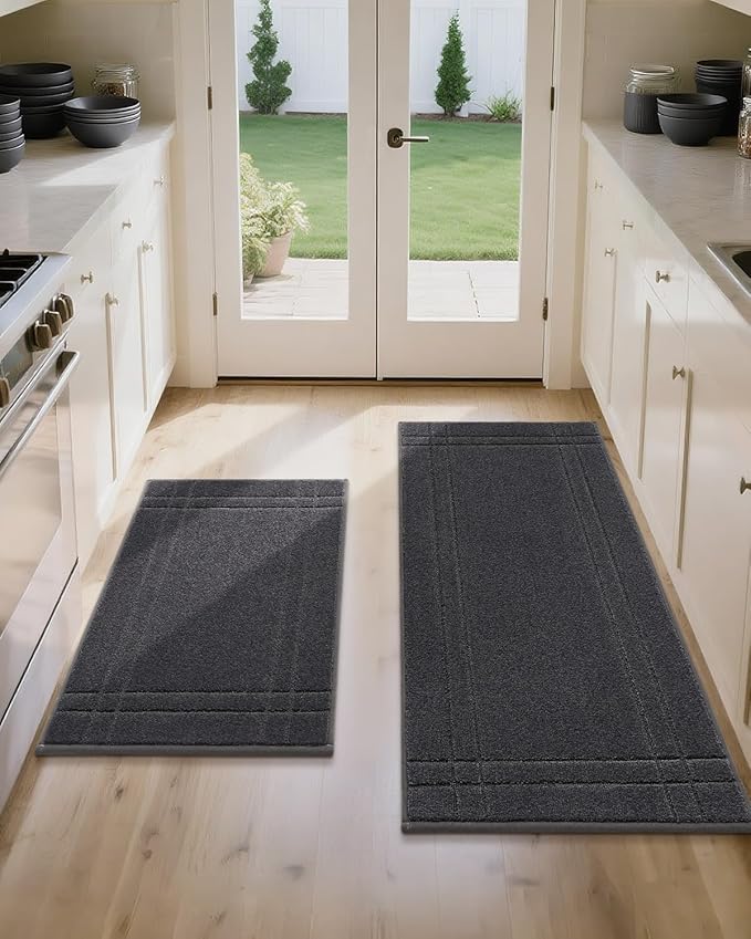JSEI Kitchen Mats for Floor, Non-Slip Kitchen Rugs, Soft Washable Absorbent Kitchen Mats 2 PCS, Kitchen Runner Rug with TPR Backing, Polyester, 20"x32"+20"x48", Dark Grey