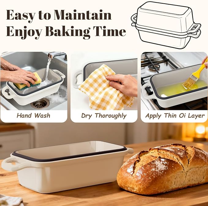 DYCYRQ Enameled Cast Iron Sourdough Bread Dutch Oven, Cast Iron Loaf Bread Pan for Homemade Bread Baking, 2PCS 9 x 5Inch Meatloaf Pan with Lid, Oven Safe, Cream