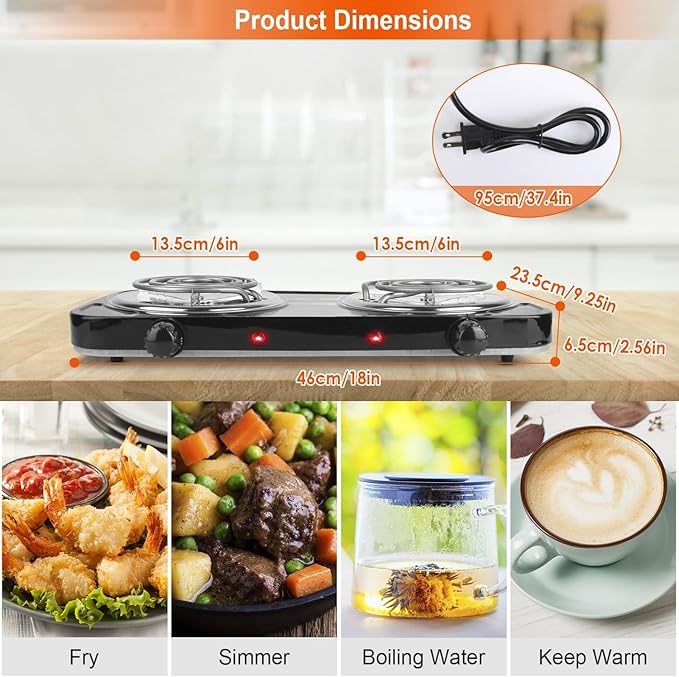 2000W Electric Portable Double Burner Coil Heating Hot Plate Stove Countertop RV Hotplate Temperature Controls Easy to Clean for Camping RV Kitchen (Black) ﻿