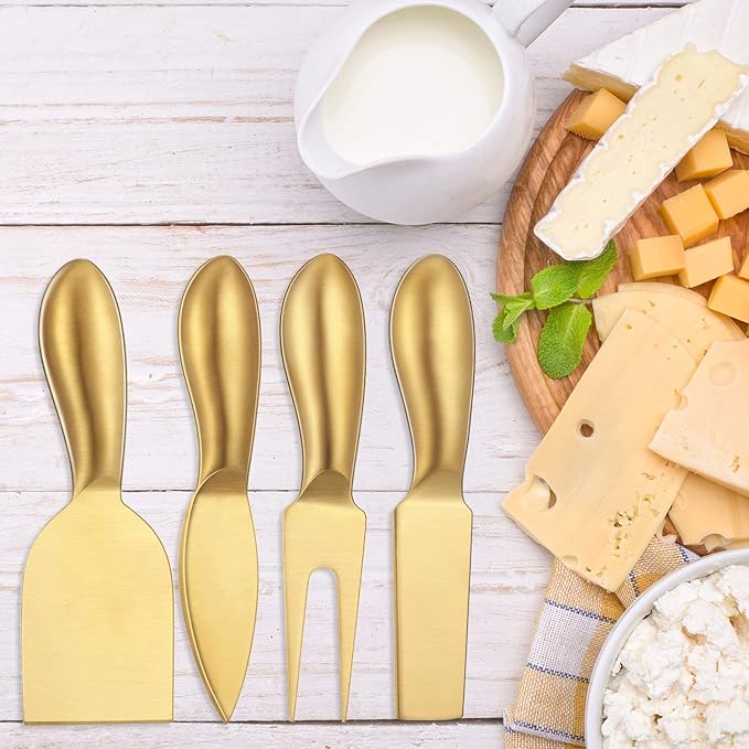Patelai 4 Pieces Stainless Steel Cheese Knives Set, Knife Fork Slicer Butter Knife Set for Charcuterie and Cheese Spread Kitchen Cooking Christmas Gift for Women (Gold)