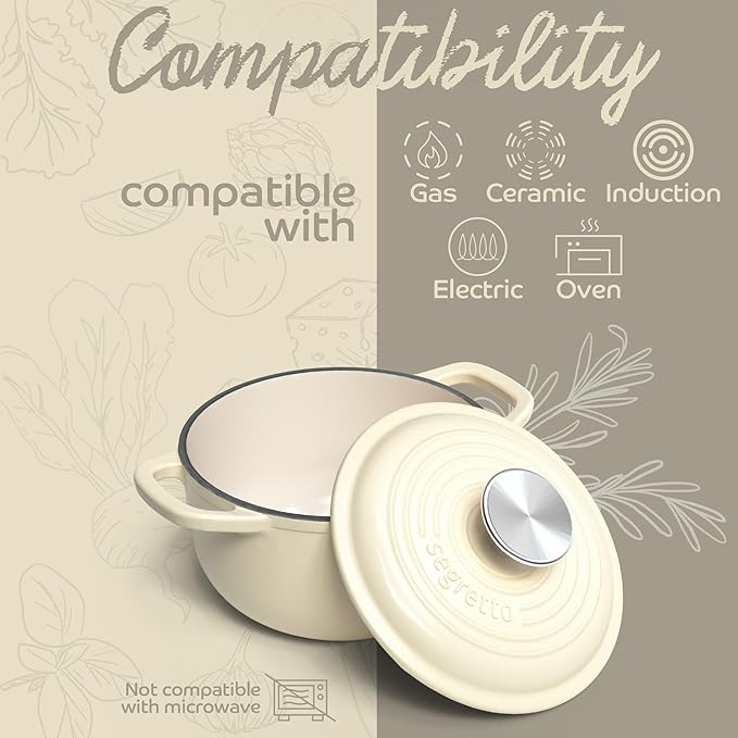 Segretto Cookware 1.7-Quart Enameled Cast Iron Dutch Oven with Lid – Bianco Perla (Pearl White) Small Camping Pot for Bread Baking & Cooking
