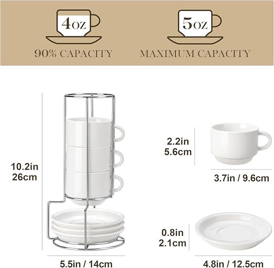 MALACASA 4 OZ Porcelain Espresso Cups with Saucers and Metal Stand Set of 4, Stackable Cappuccino Cups, White Expresso Shots Cup Set for Coffee Drinks, Latte, Tea