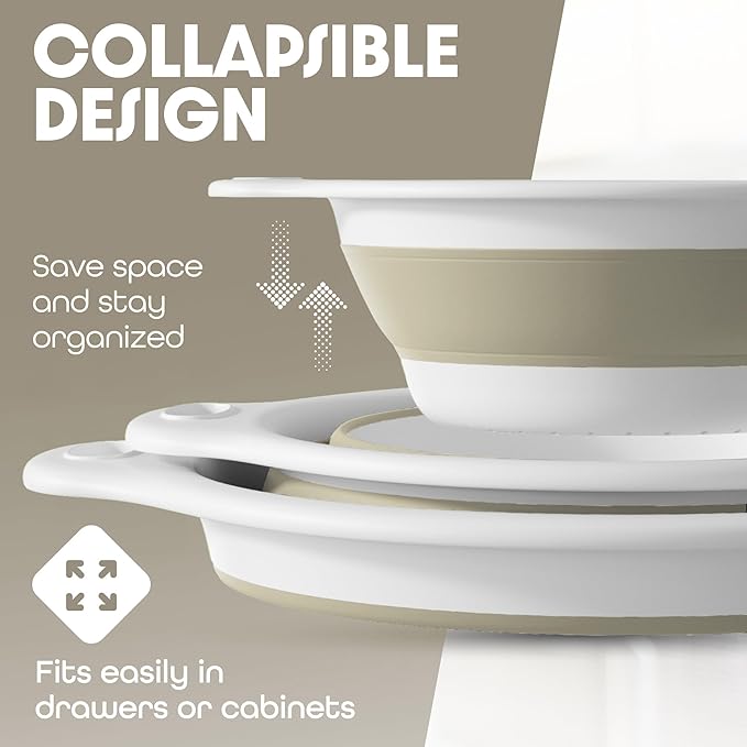 Collapsible Colanders (3 Pack Set) Food Strainers with Over-Sink Water Draining Base for Pasta Fruits and Vegetables, White/Beige (3 Sizes, 3QT, 4QT and 5 Quart)