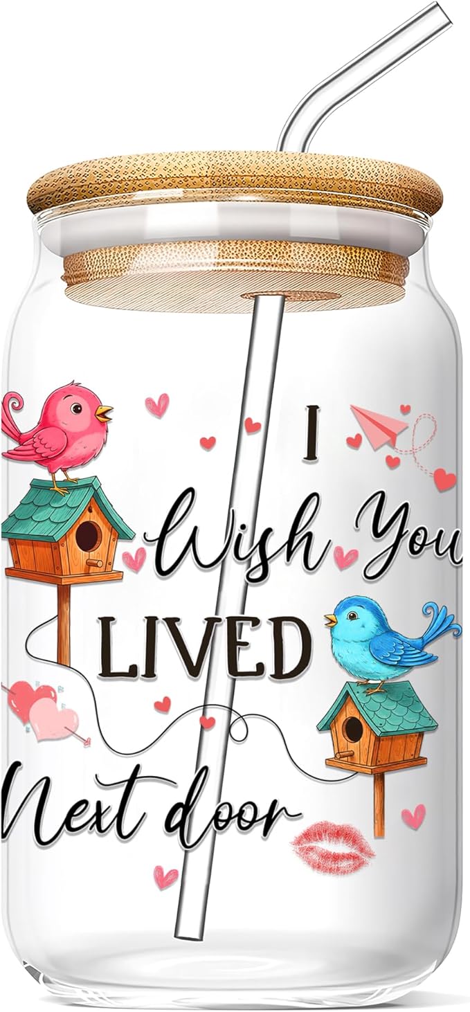 Wish You Lived Next Door Glass Cups with Lids and Straws 16 Oz Friendship Iced Coffee Cup Moving Away Drinking Jar for Women Men Long Distance Housewarming Valentines Gift for Soulmate C