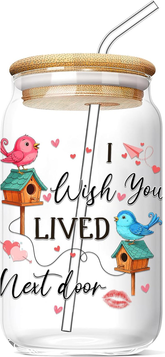 Wish You Lived Next Door Glass Cups with Lids and Straws 16 Oz Friendship Iced Coffee Cup Moving Away Drinking Jar for Women Men Long Distance Housewarming Valentines Gift for Soulmate C
