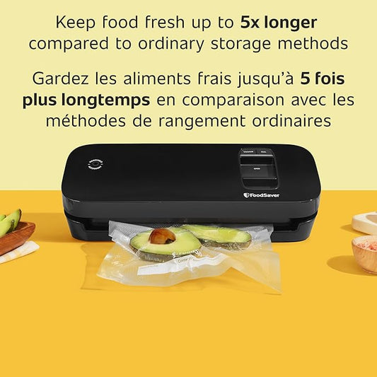 FoodSaver Space Saving Food Vacuum Sealer, Black with 2 Quart Vacuum Seal Bags, Pack of 1, Compact (Black)
