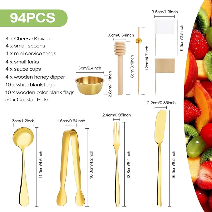 94 Pcs Charcuterie Board Accessories, Stainless Steel Cheese Spreaders Forks Spoons Mini Serving Tongs Honey Dippers Sauce Cups Toothpick Flags Charcuterie Utensils for Pastry Making, Gold
