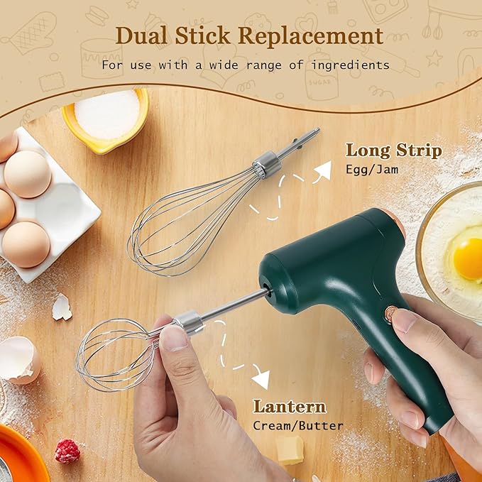 CHIDOYII Cordless Hand Mixer, Handheld Electric Whisk with 3 Speed Modes, Hand Held Egg Beater with 2 Detachable Stir Whisks (Green)