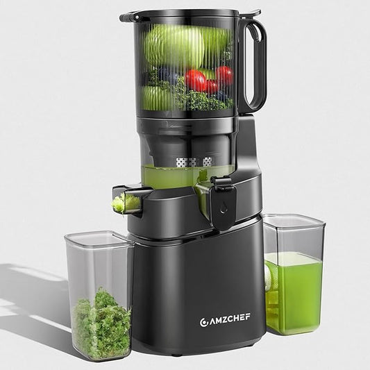 AMZCHEF Juicer Machines, 5.8" Extra Self-Feeding Cold Press Juicer for Whole Vegetable & Fruit, Juice Extractor Machine with Large Auger & Triple Strainers, Easy to Clean, High Juice Yield, Black