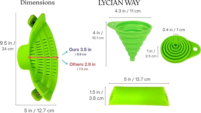 Clip on Strainer Silicone for All Pots and Pans, Colander, Pot Strainer for Pasta, Meat, Vegetables, Space Saving Design, Food-Safe w/Collapsible Funnel, Garlic Peeler, 3 Pack(Lime Green)