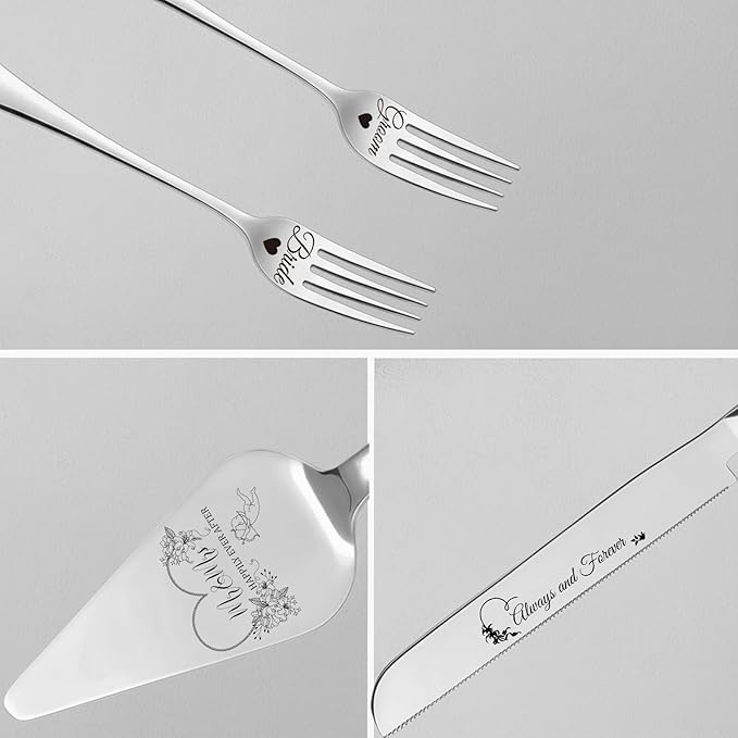 4 Pieces Wedding Cake Cutting Set Knife and Forks Set Wedding Cake Knife and Server Set Sliver Forks Engraved Mr. and Mrs.for Engagements, Anniversaries, Bride and Groom (Silver GROOM&BRIDE)