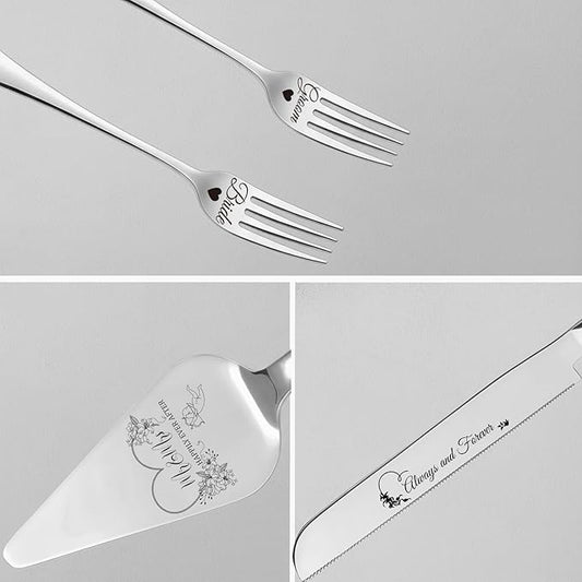 4 Pieces Wedding Cake Cutting Set Knife and Forks Set Wedding Cake Knife and Server Set Sliver Forks Engraved Mr. and Mrs.for Engagements, Anniversaries, Bride and Groom (Silver GROOM&BRIDE)