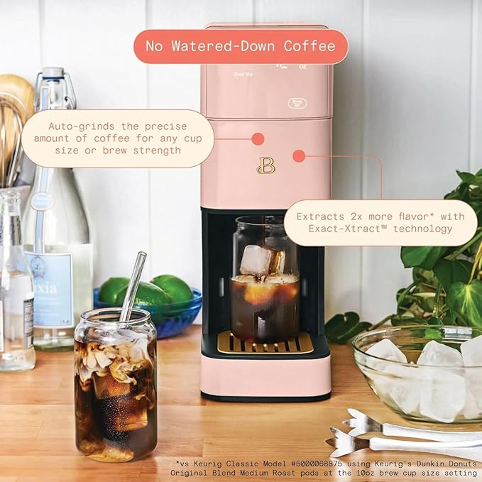 Beautiful Perfect Grind Programmable Single Serve Coffee Maker, Burr Grinder, 64 oz Reservoir, 6 Brew Sizes by Drew Barrymore (Rose)