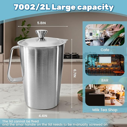 70 oz Stainless Steel Pitcher with Lid, Metal Measuring Cup with Marking with Handle, 2 L Large Mouth Graduated Beakers, Milk Frothing Jug for Espresso Machines, Latte Art, Iced Tea, Hot/Cold Water