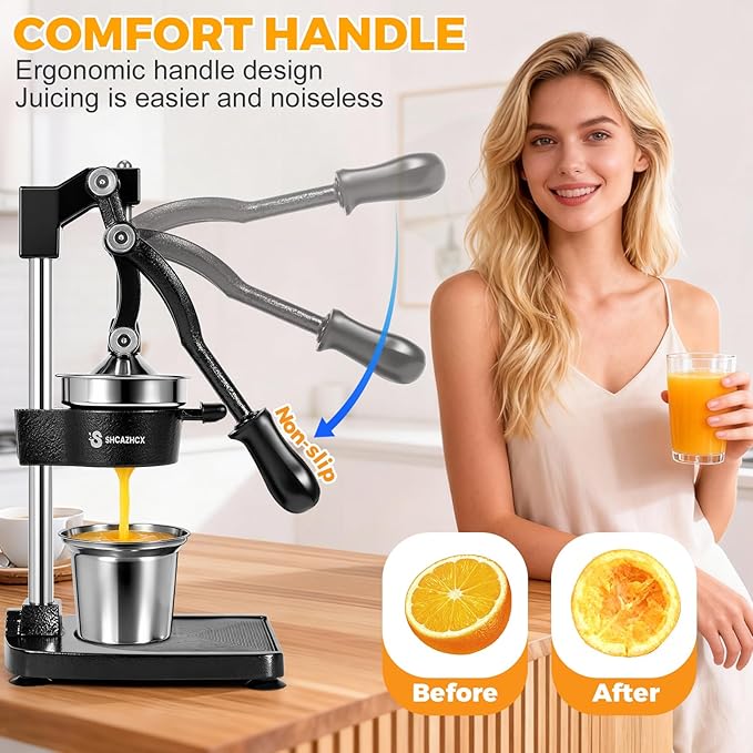 Cast-Iron Hand Press Citrus Juicer, Heavy-Duty Fruit Squeezer with Stainless Steel Cup, Easy-to-Clean Manual Citrus Press for Orange, Lemon, Lime, Grapefruit & Pomegranate (Black)
