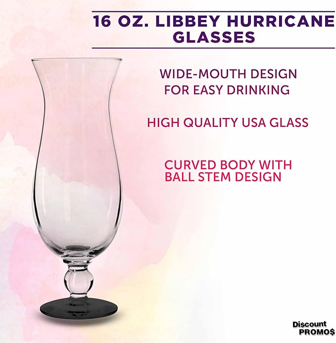 DISCOUNT PROMOS Libbey Hurricane Glasses 16 oz. Set of 12, Bulk Pack - Branded Drinkware for Cocktail, Pina Colada or Mudslide - Black